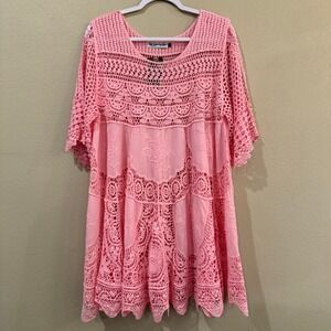 Angel Heart Boutique Pink Crochet Lace Boho Tunic Dress Swim Cover Plus Size